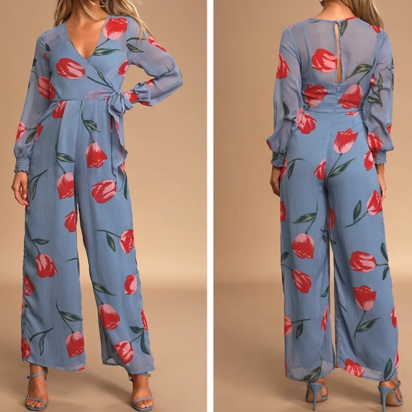 Lulus As Time Grows By Jumpsuit Retro Floral Tulip Print Wide Leg Loungewear XS - Picture 1 of 16